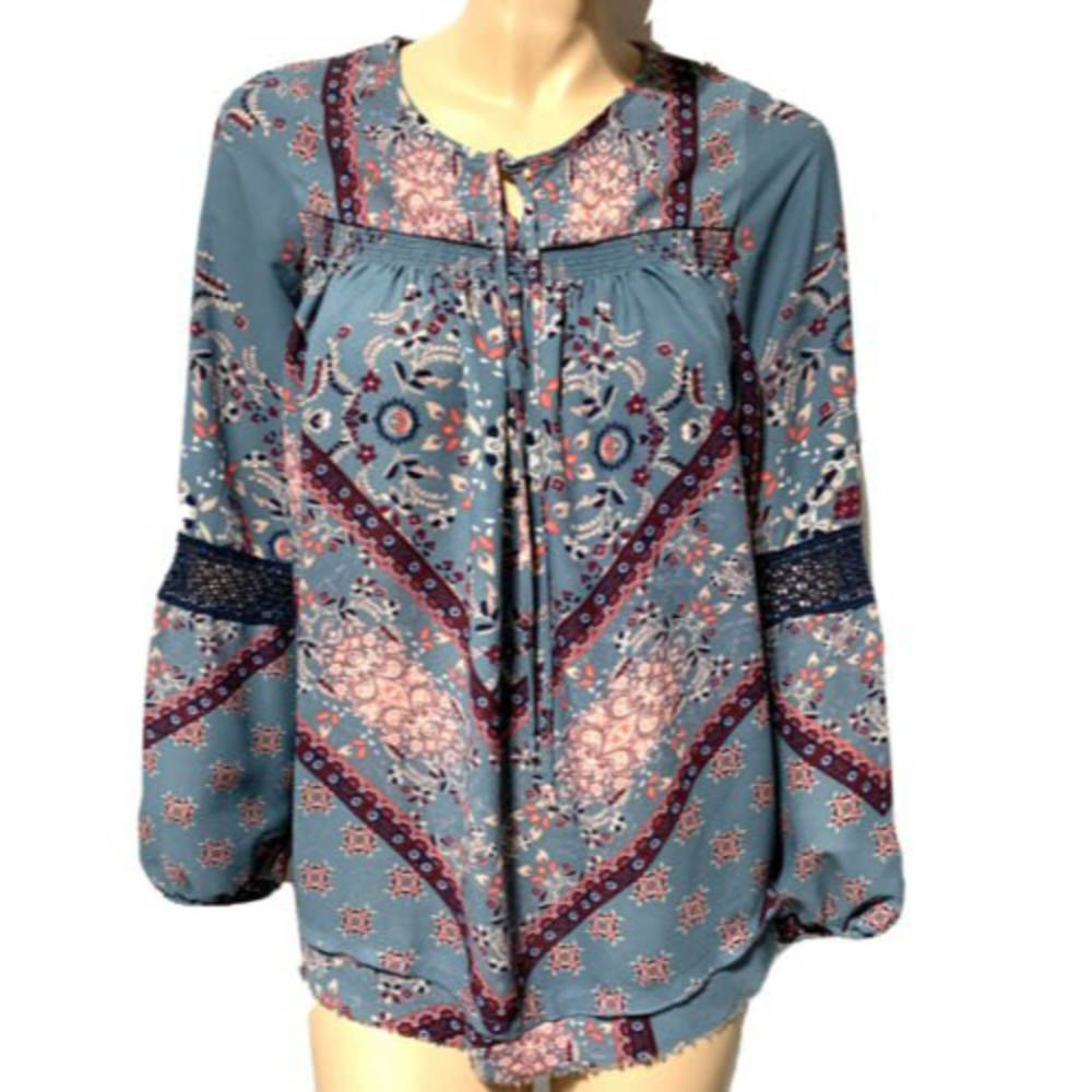 KNOX ROSE Women’s Top Boho Tie Neck Blouse Crochet Lace Sleeve Inserts M Medium